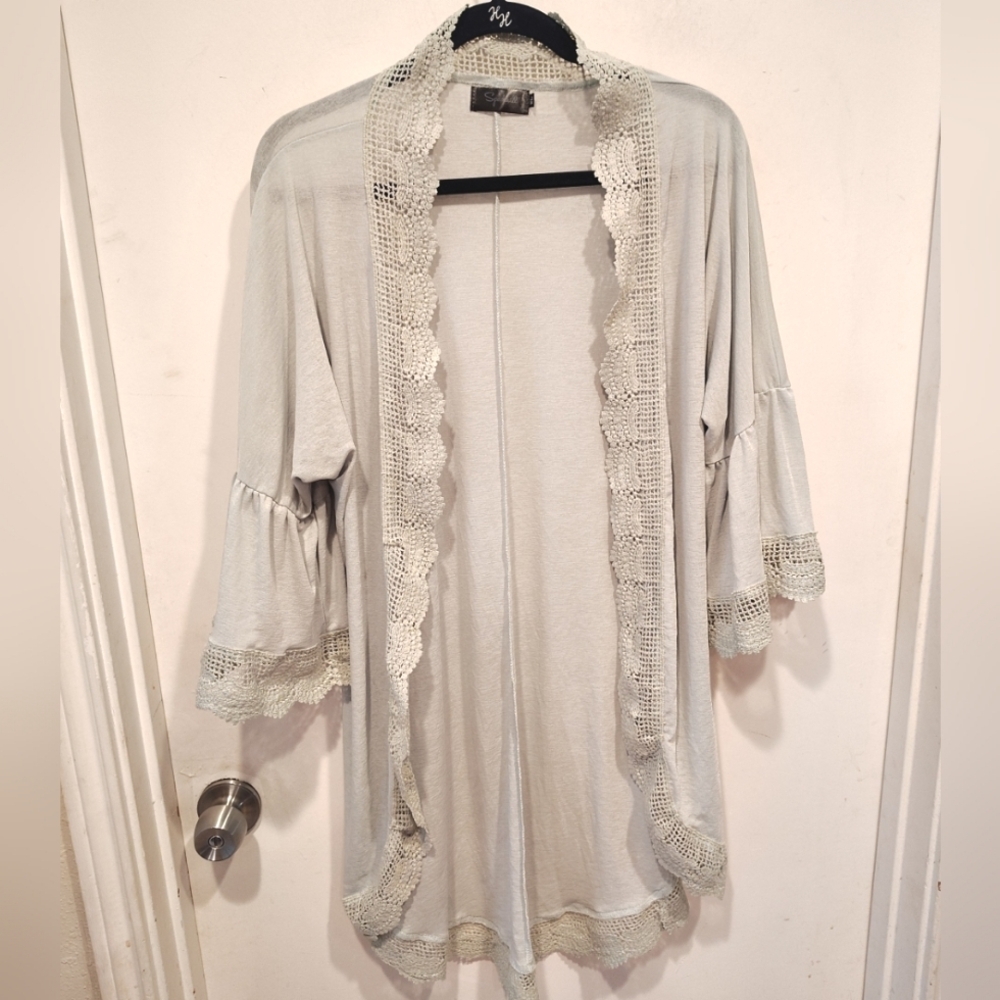 Spadehill Mint Green Open Front Kimono Cardigan Duster XL Cottagecore Lace Trim